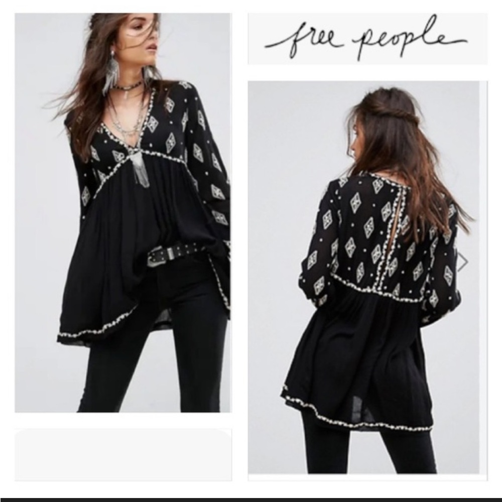 Free People Black Blouse with White embroidery Patterns